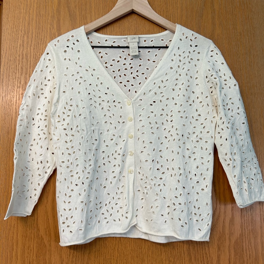 J. Jill white Pointelle sweater leaf design Small v-neck cardigan button up yoke